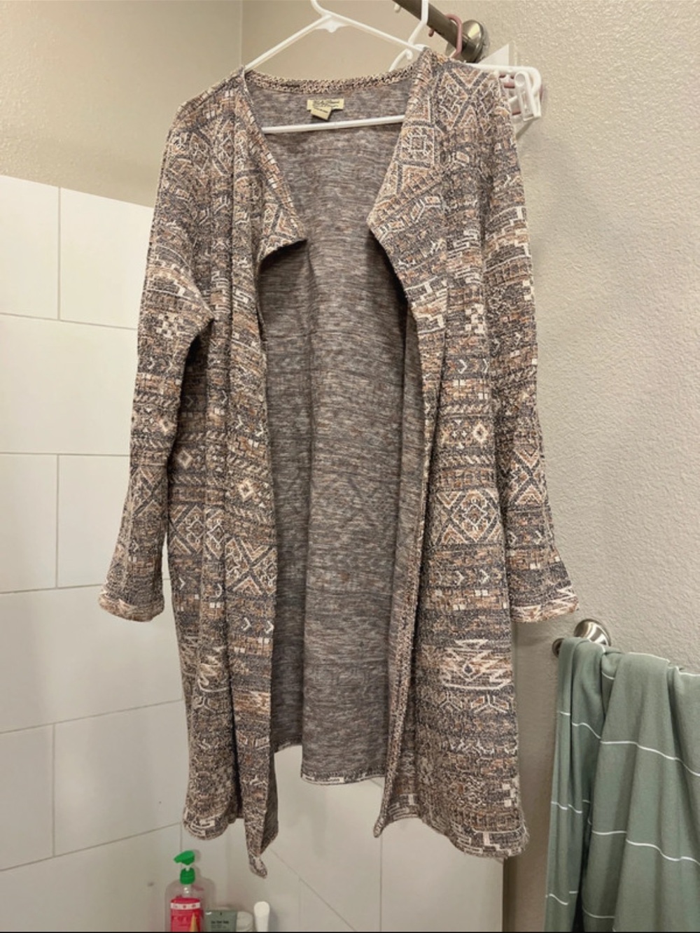 Lucky Brand Open-Front Patterned Long Cardigan Jacket Coat in Brown and Cream